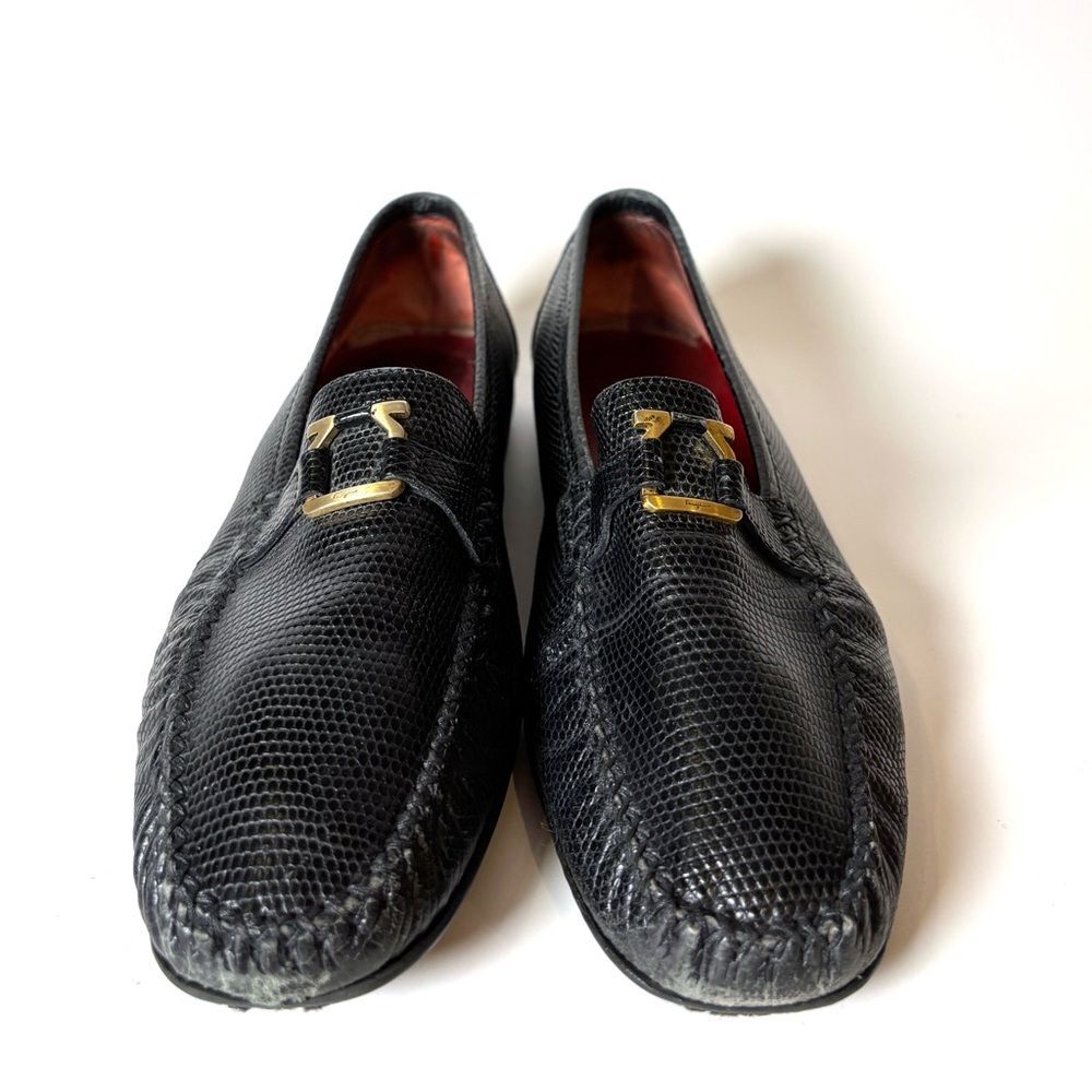 Salvatore Ferragamo Black Lizard Loafers – Gold Gancini, Italian Design size 6.5